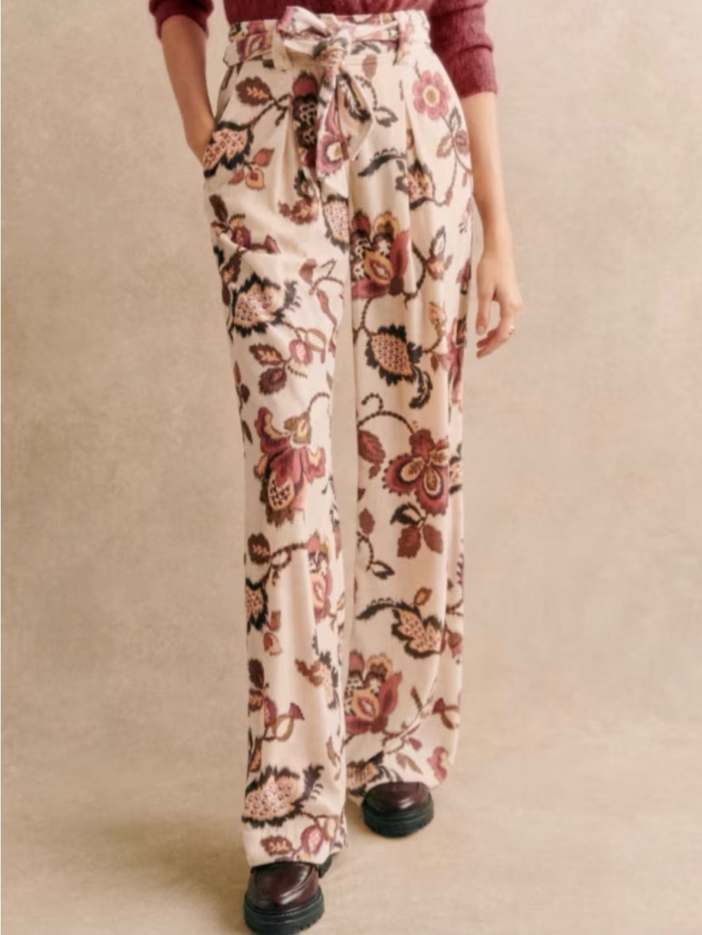 Sezane Pantalon Neil Merveille Velvet Cream Floral Wide-Leg Pants with Tie Waist